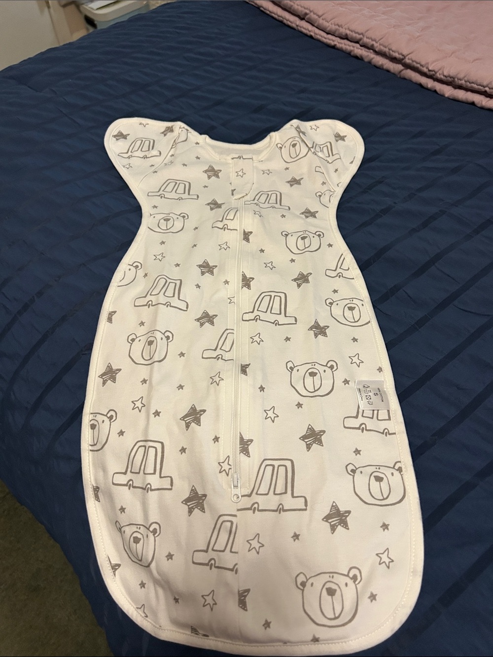 White Baby Sleep Sack with Gray Bear & Car Print
